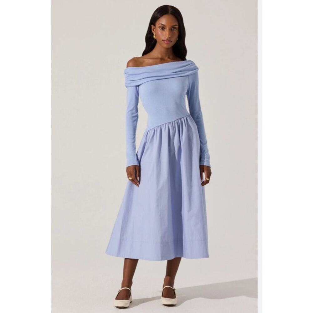 ASTR The Label Blue Off Shoulder Mixed Media Cotton Poplin Midi Dress M